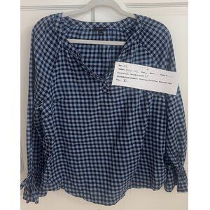 Talbots Blue Gingham Plaid Ruffle Sleeve Blouse Size L